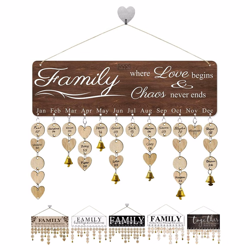 Wooden Hanging Family Birthday Calendar Board w/ Bells