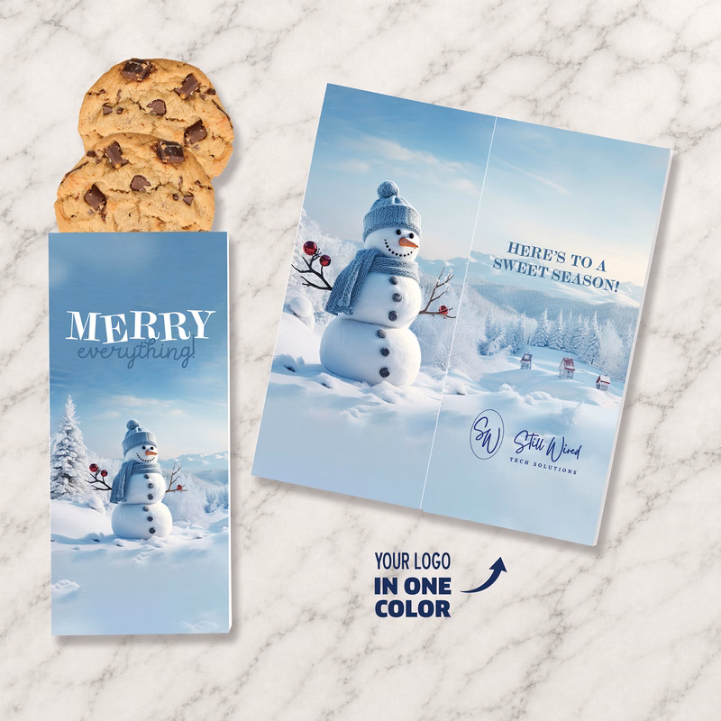 One Color Foil-Stamped Stock Snowman Sweeter Cards with Chocolate Chip Cookies