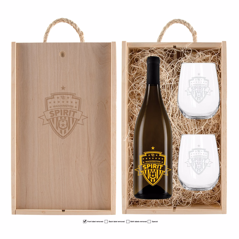 Laser-Engraved Wood Box w/Custom Etched Chardonnay Wine Bottle + Glasses
