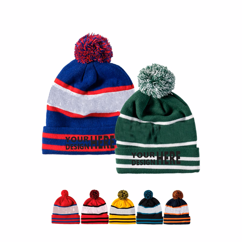 Embroidered Knitted Hat With Pompoms