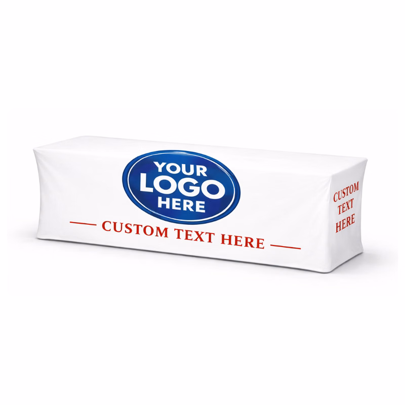 8ft White Fitted Table Cover w/Front Logo