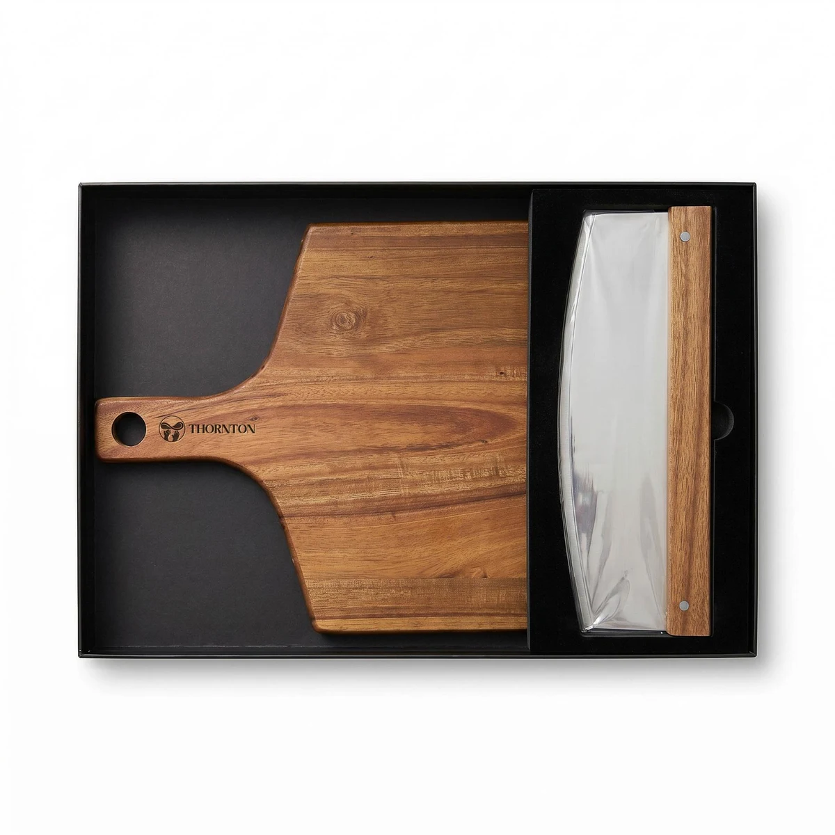 Thornton Stainless Steel Pizza Knife And Acacia Wood Cutting Board 1