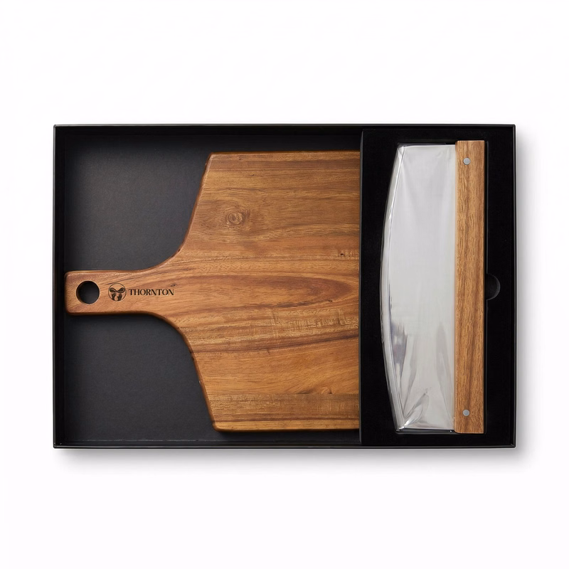 Thornton Stainless Steel Pizza Knife And Acacia Wood Cutting Board