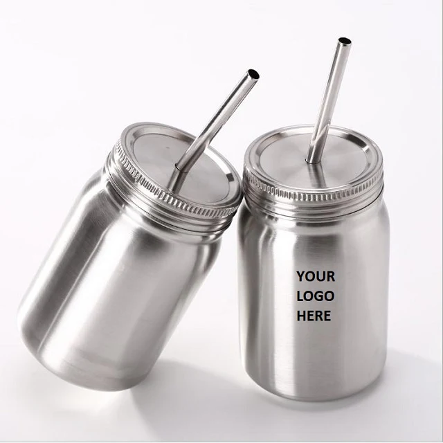 Stainless Steel Mason Jar with Straw 16 oz 1