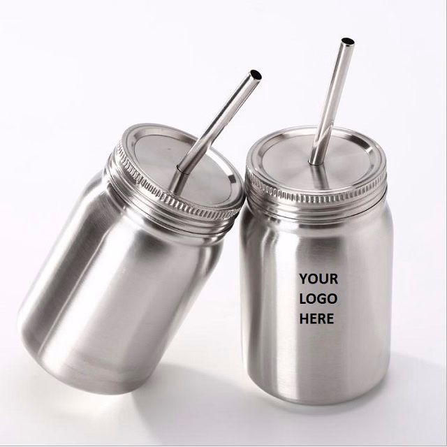 Stainless Steel Mason Jar with Straw 16 oz