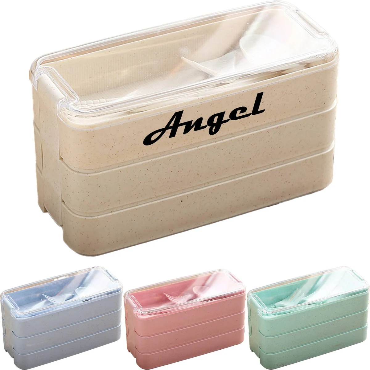 3 Tiers Wheat Straw Lunch Box w/Utensils 1