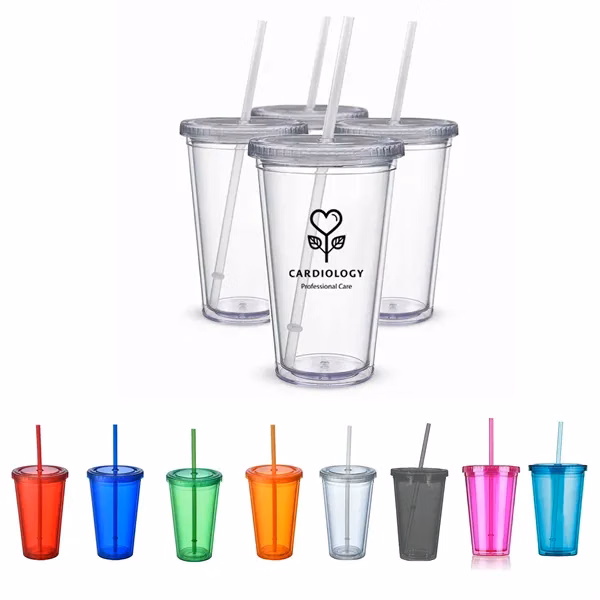 16 Oz. Double Wall Acrylic Tumblers W/Straw