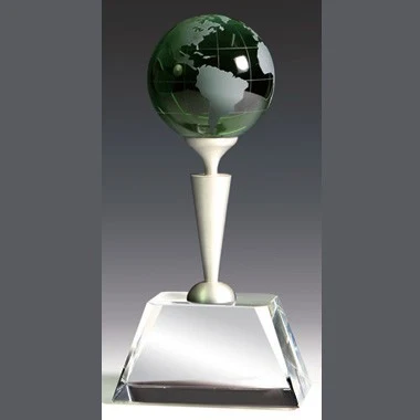 New Style Optical Crystal Green Globe Award perched on Metal Pole 1