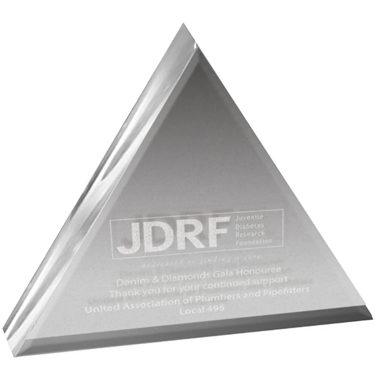 Clear Triangle Acrylic Paper Weight (4"x 4"x 3/4") Laser Engraved 1