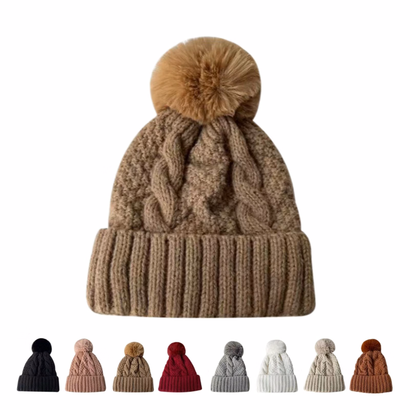 Solid Color Fur Ball Beanie