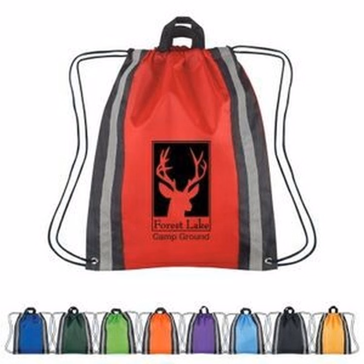 210D Nylon Drawstring Backpack w/ Vertical Reflective Stripes (14"x17")