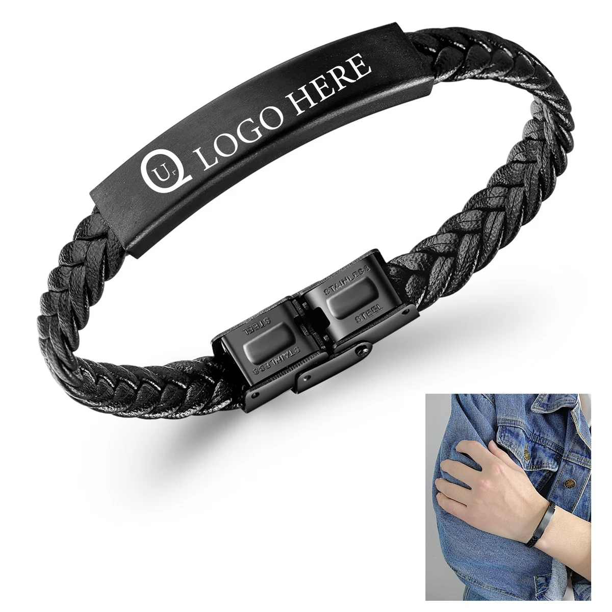 Leather Stainless Steel Bangle Bracelet 1