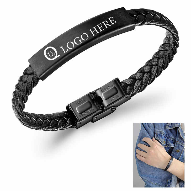 Leather Stainless Steel Bangle Bracelet