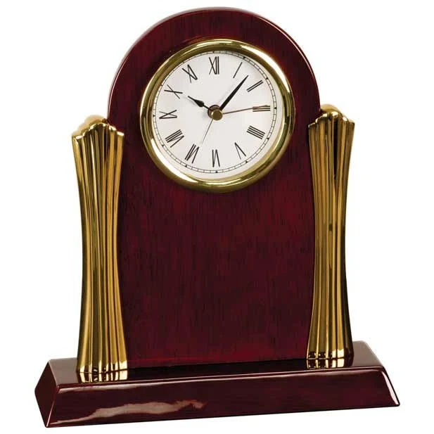 8 1/4" x 7 1/2" Rosewood Piano Finish Clock with Gold Columns 1