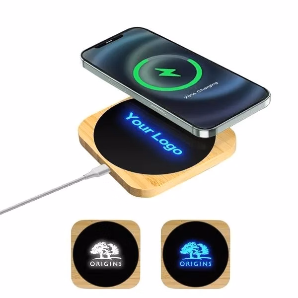 15W Light Up Logo Bamboo Wireless Charger -Square