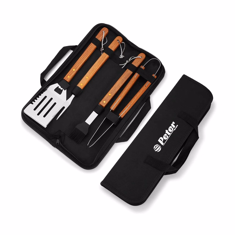 4-Piece Stainless Steel BBQ Tool Set with Wood Handles