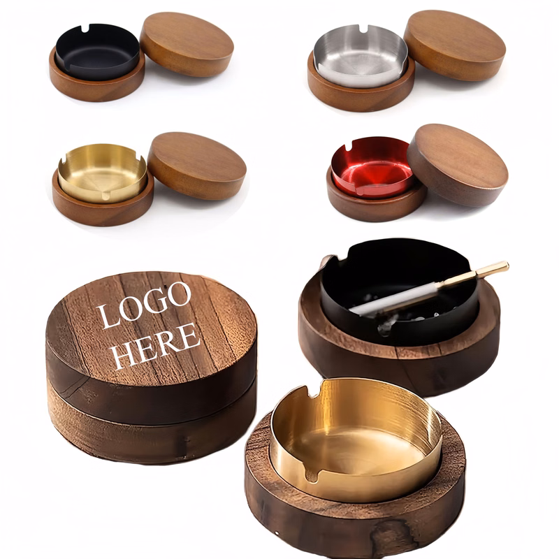 Custom Logo Wooden Ashtray With Stainless Steel Insert