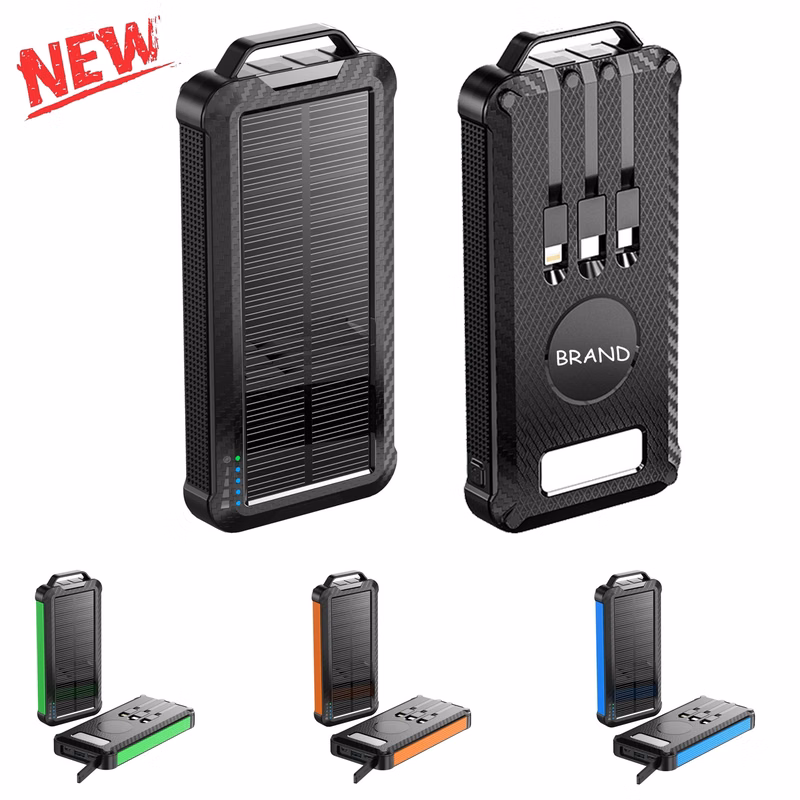 10000mah Solar Power Bank & Wireless Charger Built-in Cable