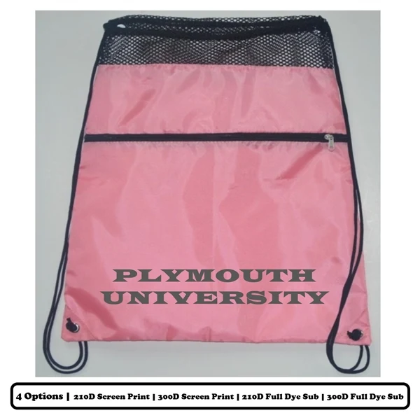 Mesh-Top Polyester Drawstring Bag w/ Horizontal-Zip Pocket 1