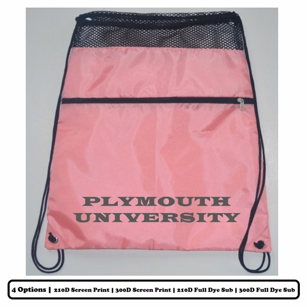 Mesh-Top Polyester Drawstring Bag w/ Horizontal-Zip Pocket