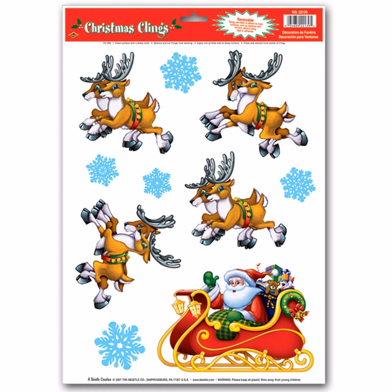 Santa & Sleigh Clings - 10 Stickers Removable