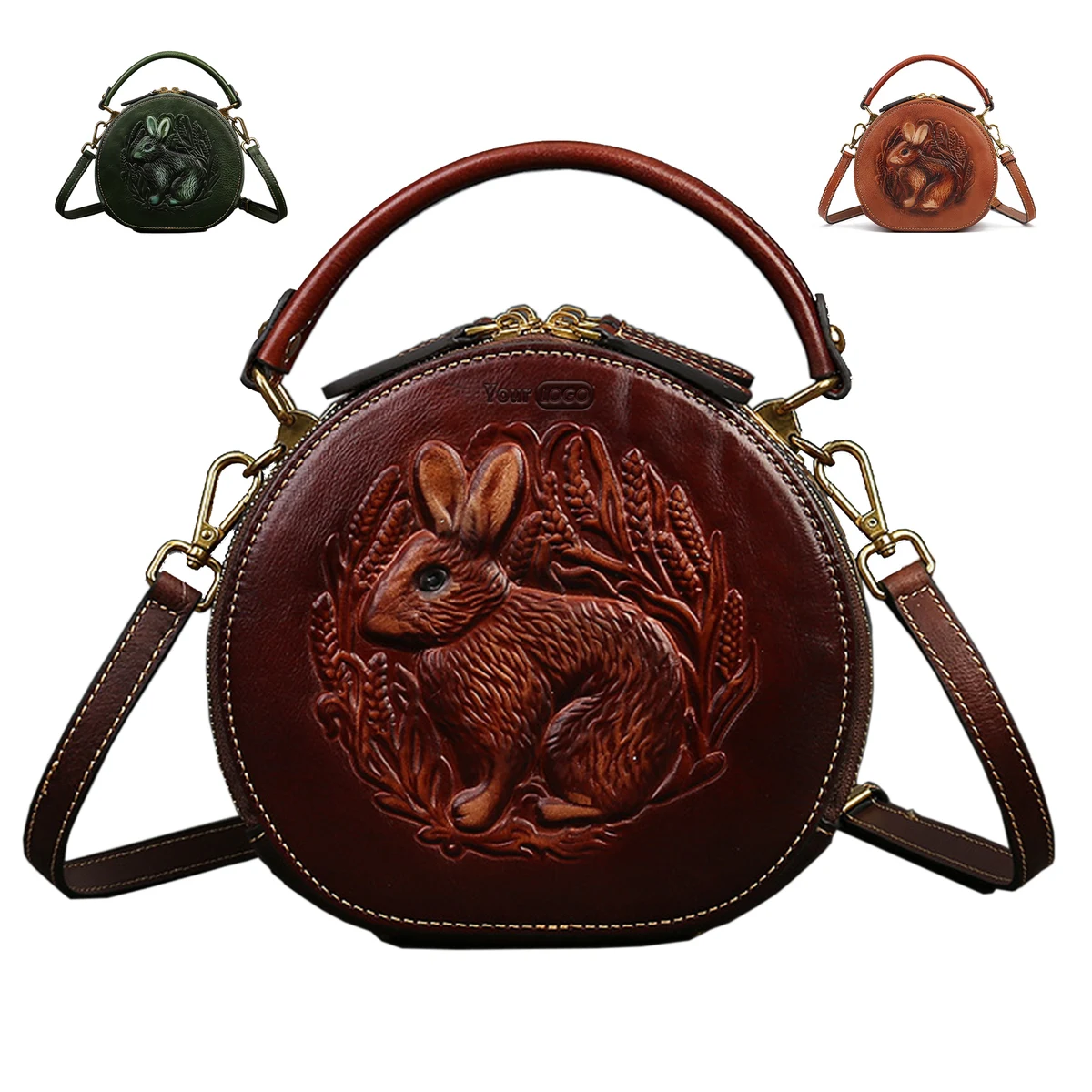 Genuine Leather Vintage bunny embossed diagonal shoulder bag 1