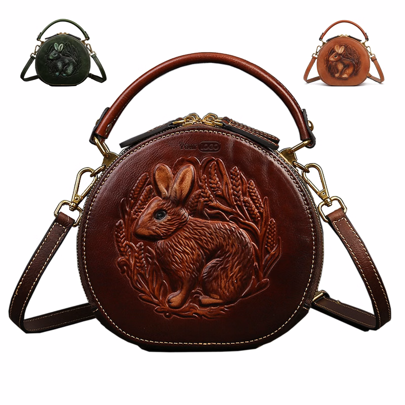 Genuine Leather Vintage bunny embossed diagonal shoulder bag