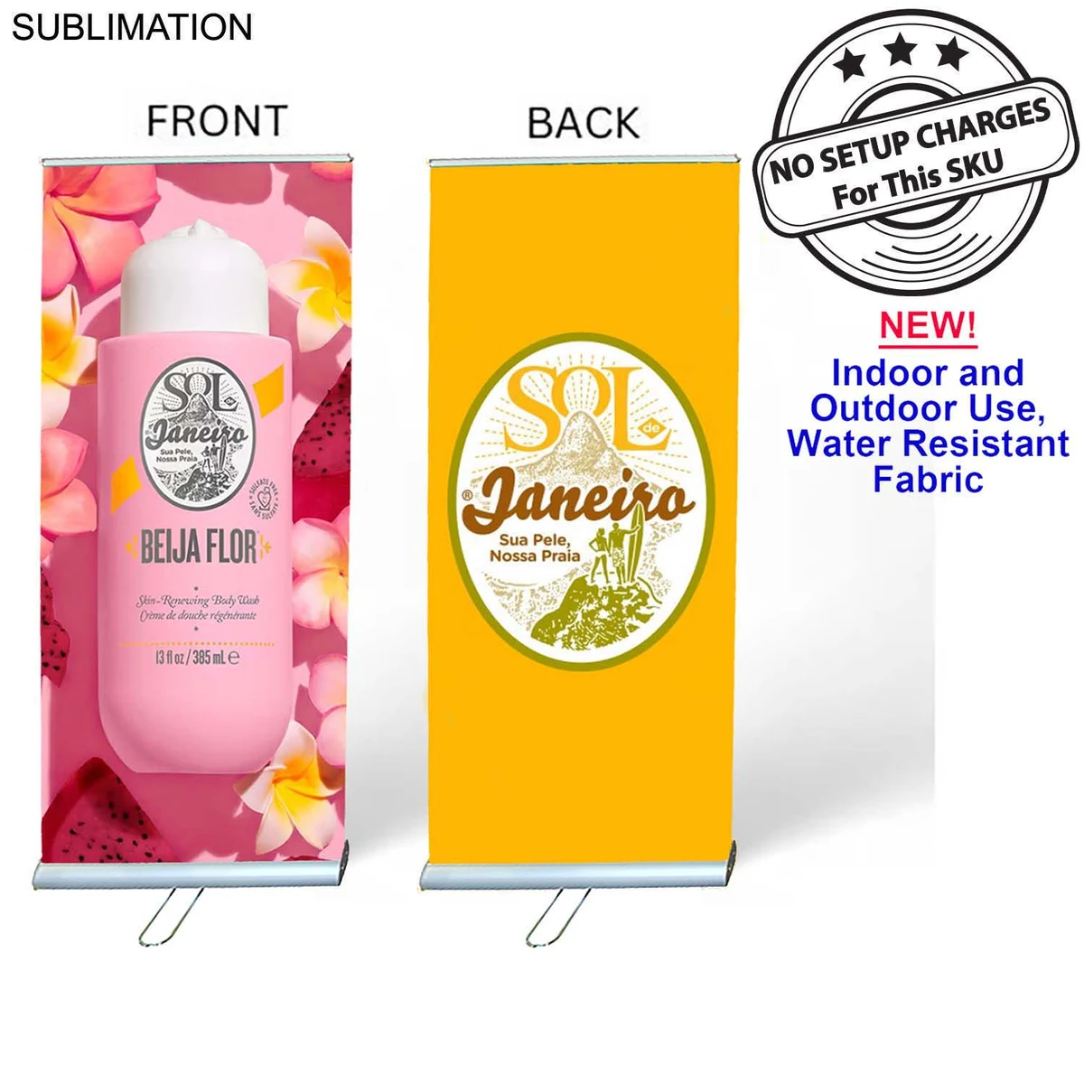 Sublimated Heavy Fabric Premium Retractable Banner w/ Double sided Graphics, 33.5x79, Standard base 1