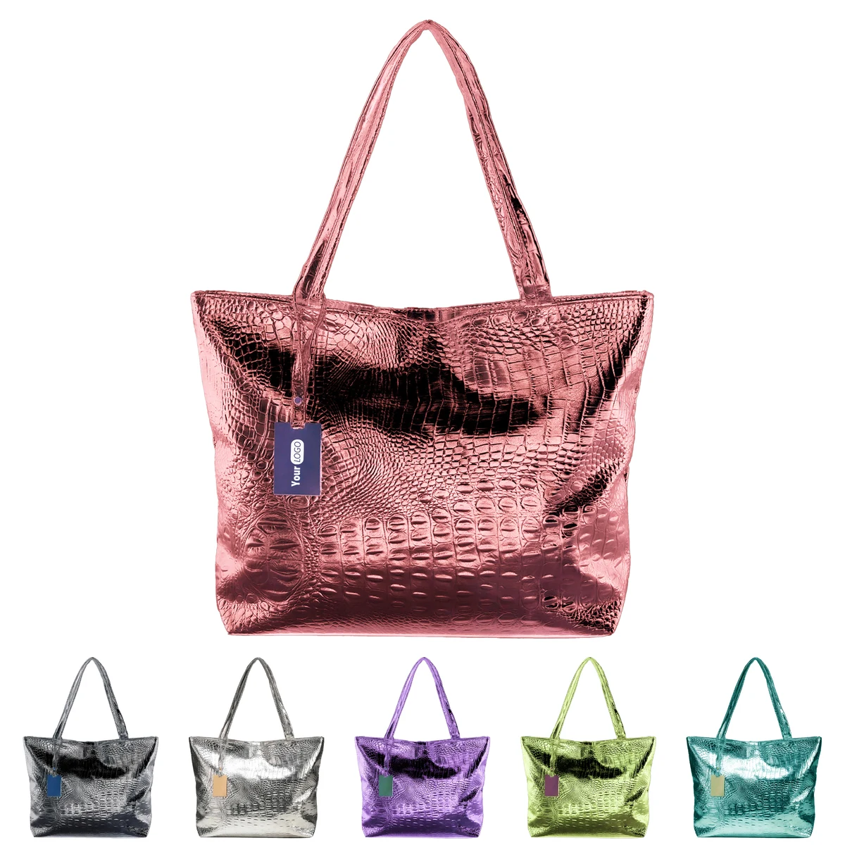 Pu High-Gloss Metallic Tote With Croc Embossed Design 1