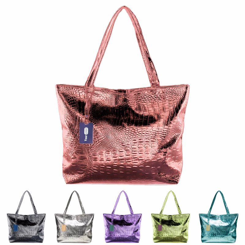 Pu High-Gloss Metallic Tote With Croc Embossed Design