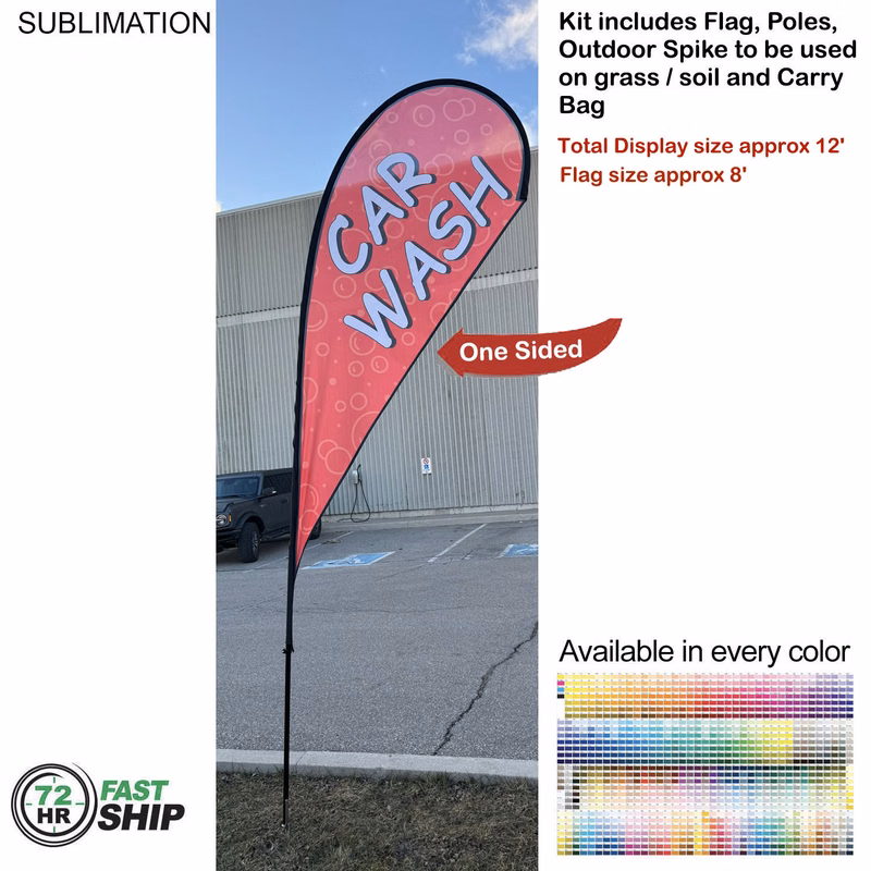 72 Hr Fast Ship - 12' Medium Tear Drop Flag Kit, Full Color Graphics One Side, Spike and Bag.