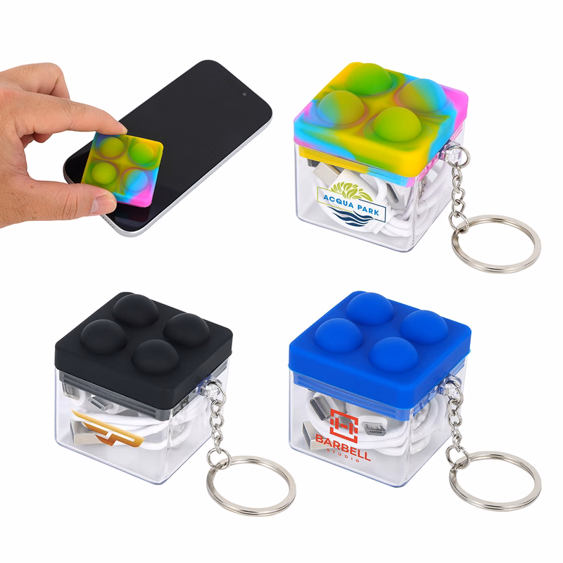 Push Pop Charging Cable with Keyring & Screen Cleaner