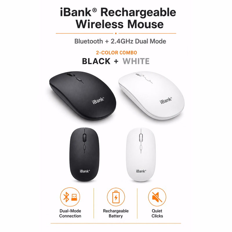 iBank ® Slim Dual-Connect Wireless Mouse – Rechargeable Bluetooth & USB for Multi-Device Use