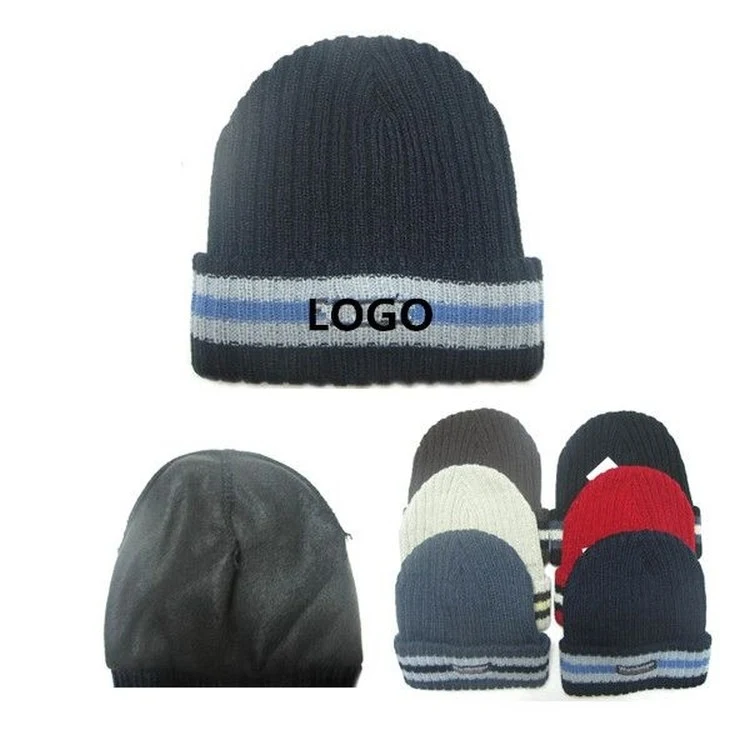 Knit Beanie Hat with Stripe Cuff 1