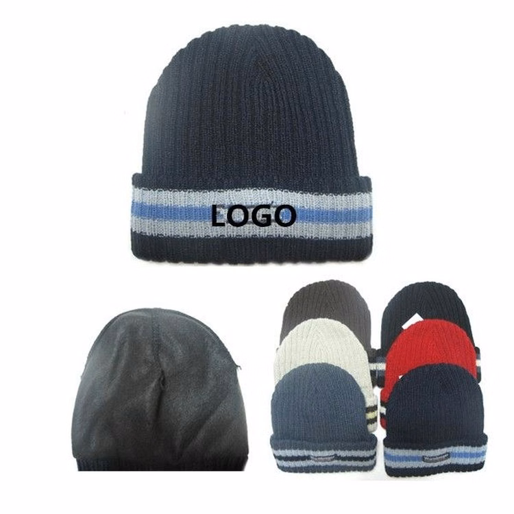 Knit Beanie Hat with Stripe Cuff