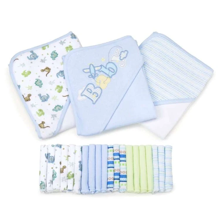 Baby Hooded Towels & Washcloths Sets - Blue Dinos 23-Piece Gift Set 1