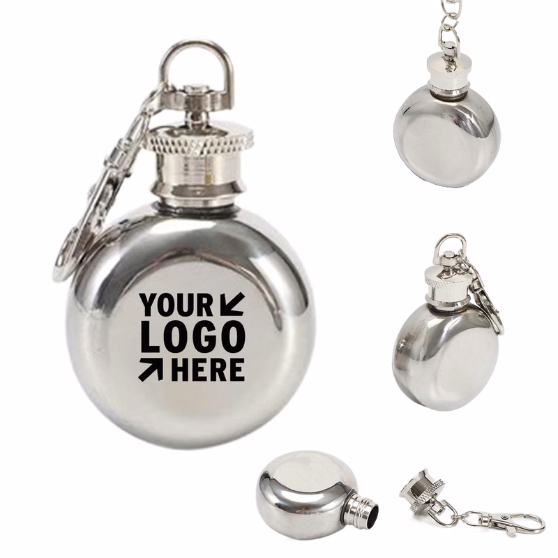 1oz Mini Stainless Steel Round Hip Flask Keychain