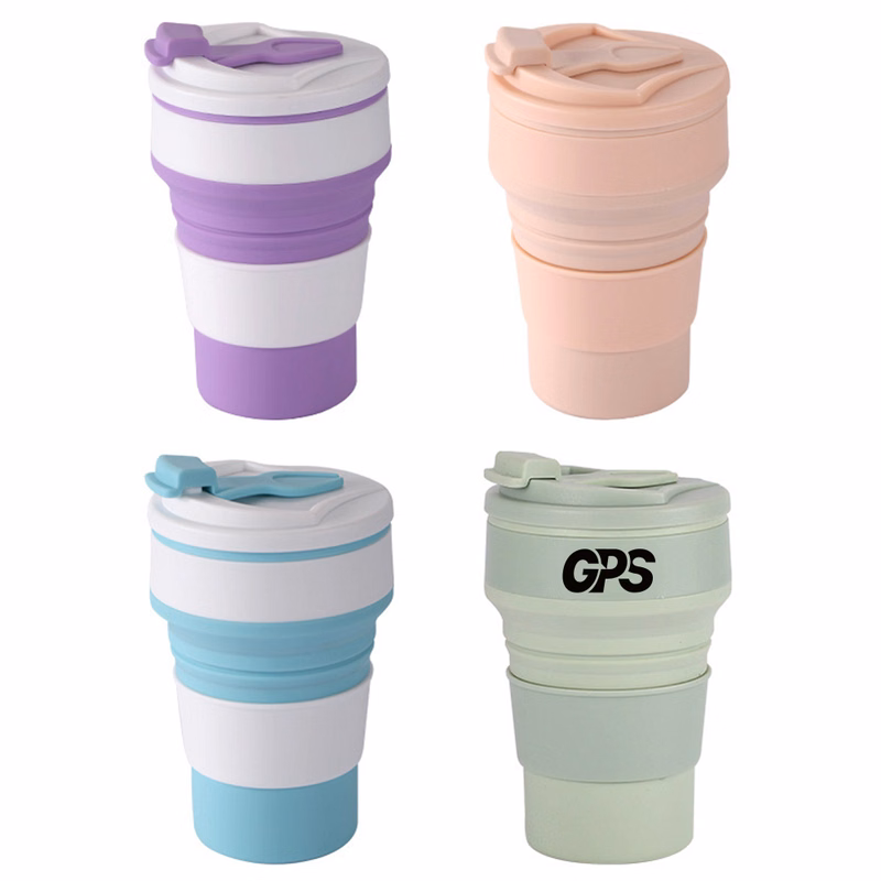 500ml Reusable Silicone Collapsible Cups with Lid for Camping