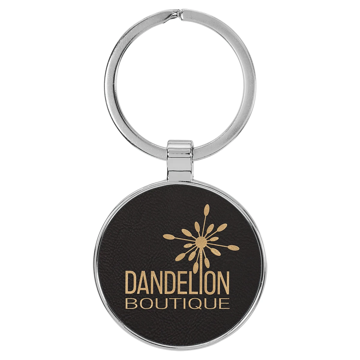 1 1/2" Leatherette/Metal Black/Gold Round Keychain 1