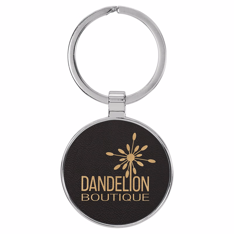 1 1/2" Leatherette/Metal Black/Gold Round Keychain