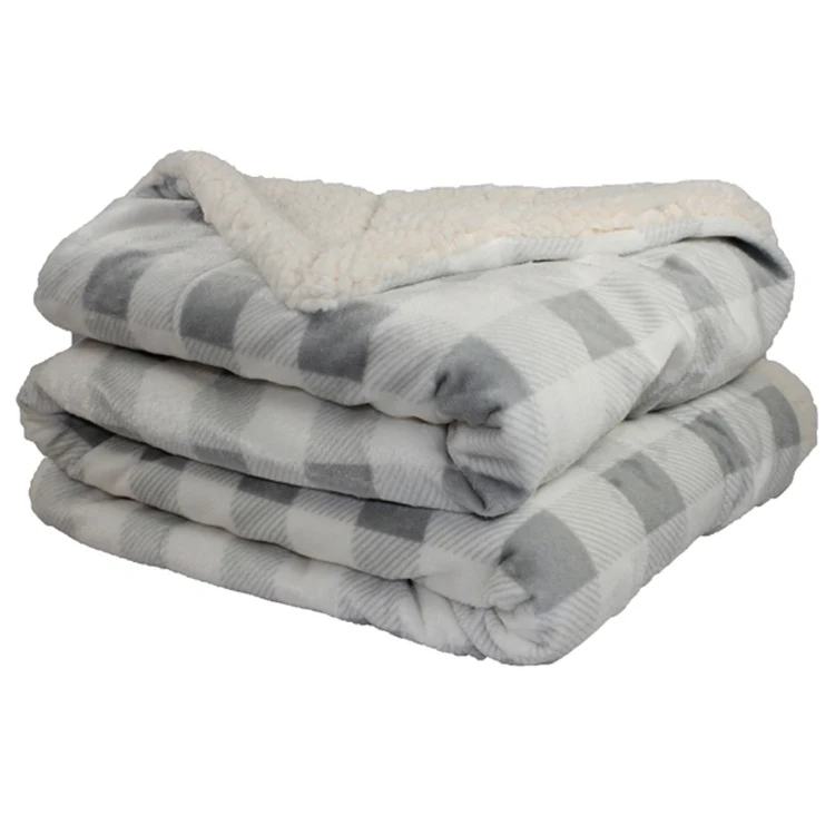 Grey and Ivory Plaid Sherpa Faux Micro Mink/Lambswool Sherpa Throw Blanket 1