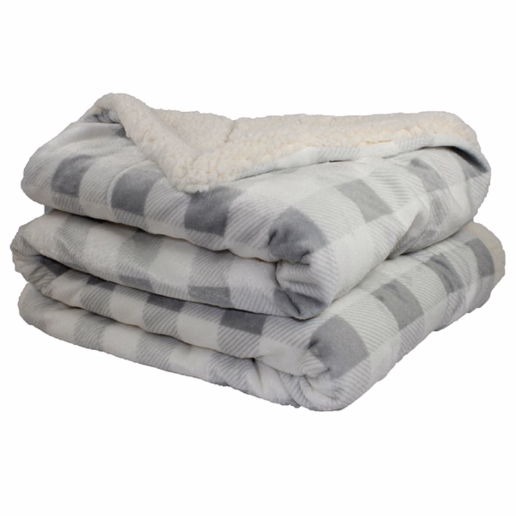 Grey and Ivory Plaid Sherpa Faux Micro Mink/Lambswool Sherpa Throw Blanket