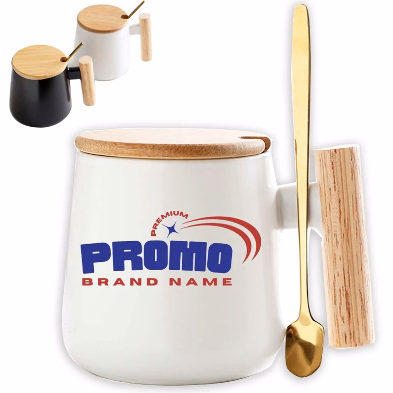 12oz. Ceramic Wooden Handle Tea cup Lid Spoon Coffee Mug