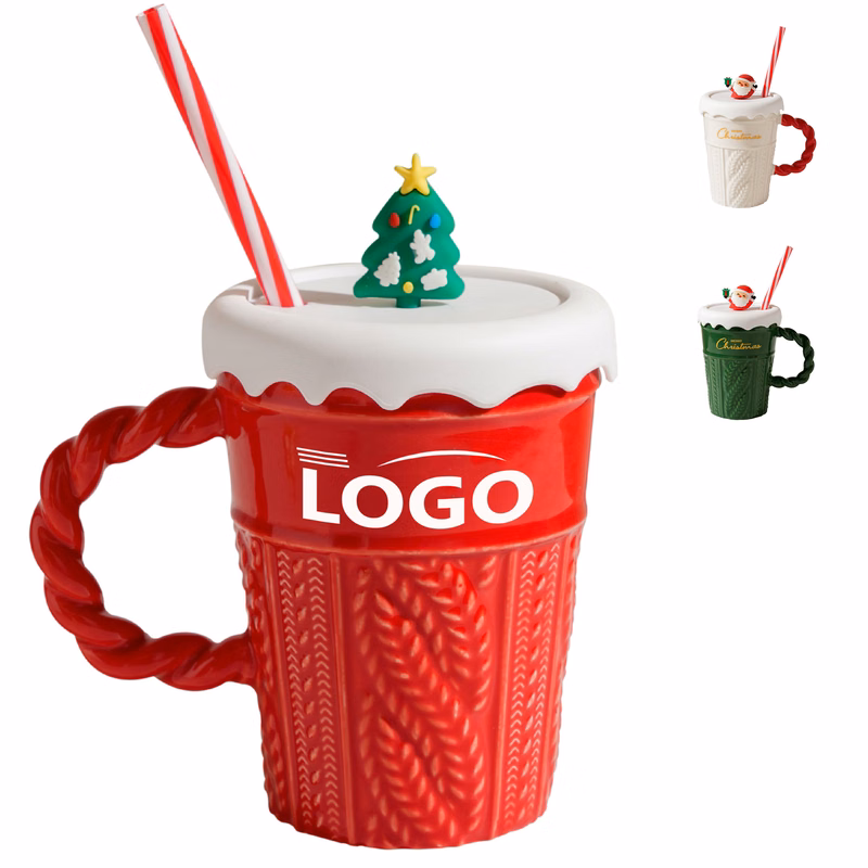 Ceramic Christmas Mug with Festive Lid and Straw