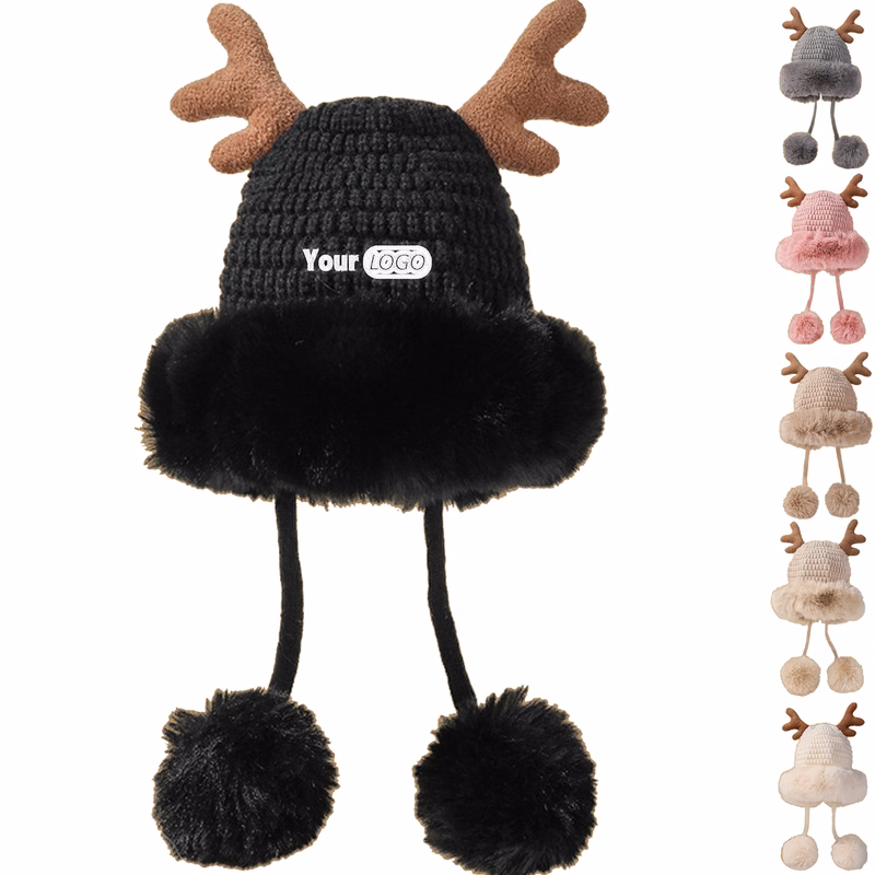 Women winter cover ear antler knit hat