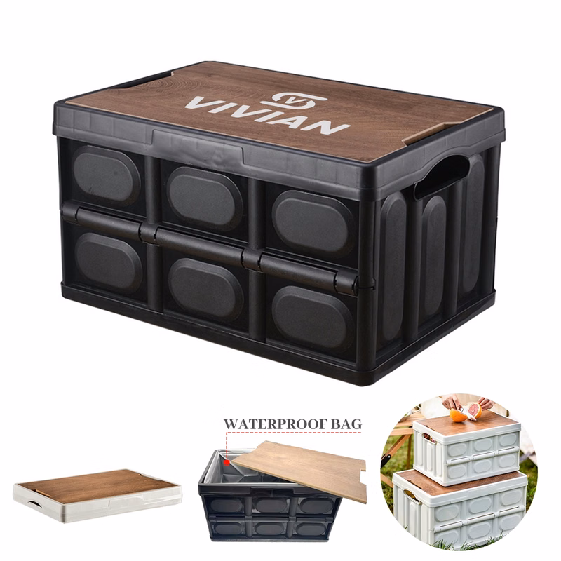 55L Collapsible Bin W/ Wooden Lids & Waterproof Liner Bag