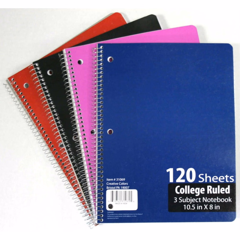 3 Subject Spiral Notebooks - College Ruled120 Sheets 4 Cover Colors