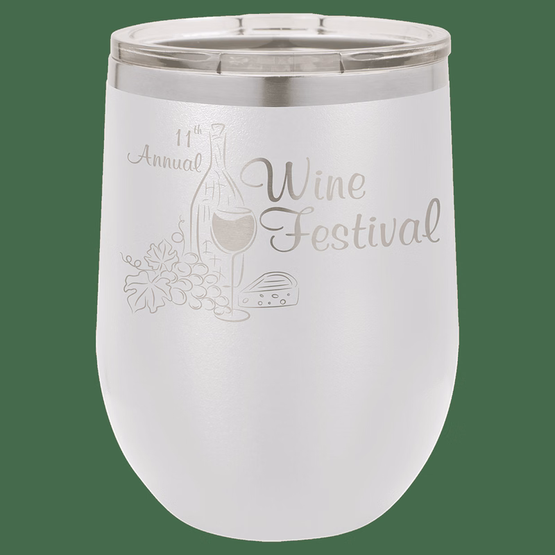 12 oz. White Laser Engraved Polar Camel Stemless Wine Tumbler w/Clear Lid