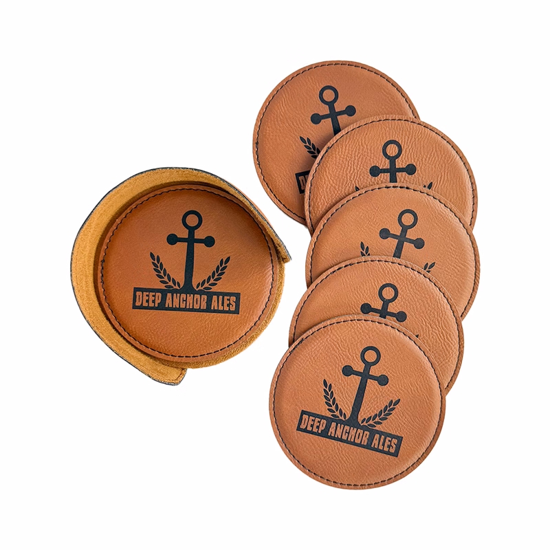 Laser Engraved Leatherette Coaster Set and Holder