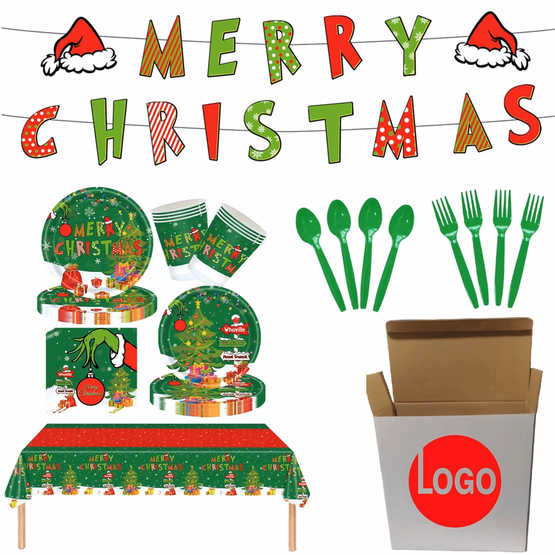 Festive Grinch Christmas Party Tableware Decor Set